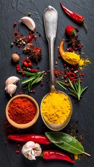 Colorful assortment of spices and herbs on dark textured surface
