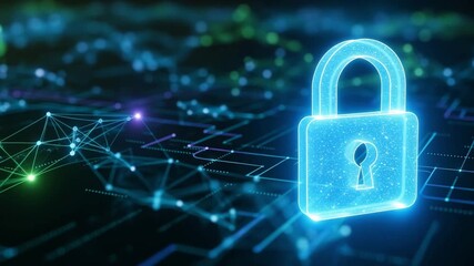Glowing digital padlock symbolizing secure data and network protection in a futuristic cyberspace. - Powered by Adobe