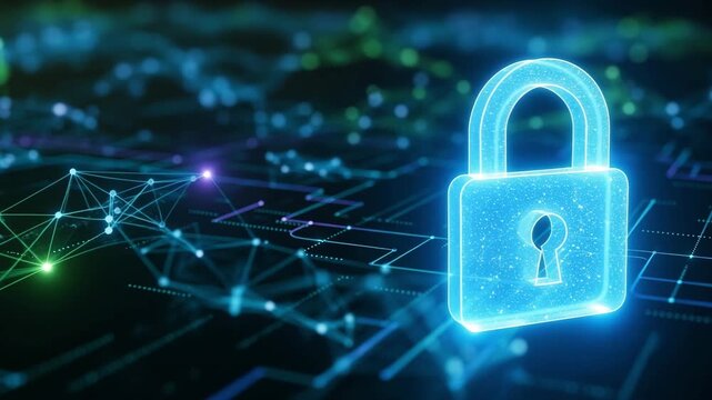 Glowing digital padlock symbolizing secure data and network protection in a futuristic cyberspace.