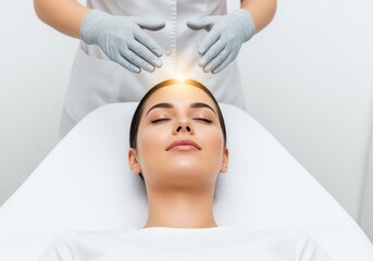 Woman receiving spiritual energy healing treatment from a practitioner in a clean wellness center.