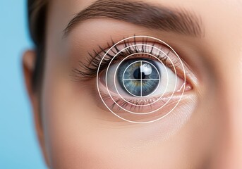 Close up of female blue eye with digital target crosshair focusing on the iris for vision analysis.