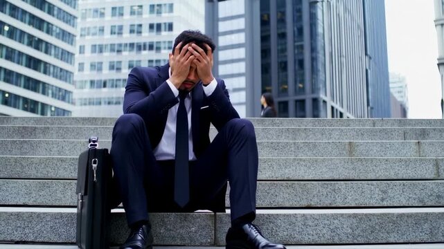 A dejected businessman, suit-clad, sits on outdoor steps, head in hands, briefcase beside him