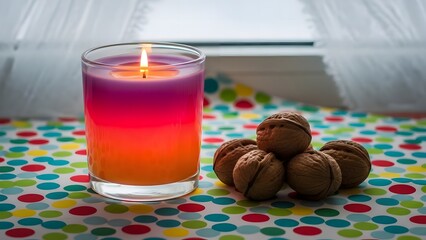 Colorful gradient candle burning next to walnuts on a polka dot tablecloth