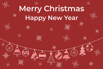 Festive decorations hanging in air, spreading joy for holiday season. Design with Christmas snowflakes and ornaments on warm red background, perfect for celebrations