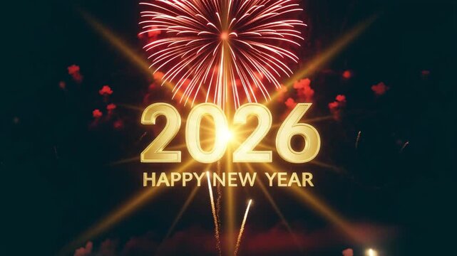 Spectacular fireworks light up the night sky celebrating the arrival of a happy new year 2026.