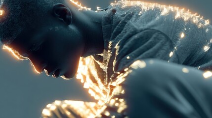 A person, head bowed, illuminated with golden energy