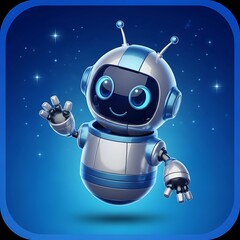 Adorable metallic robot character floats against a dark blue starry background