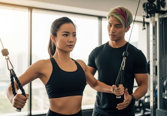 Fototapeta premium Young asian woman doing a cable crossover exercise with a personal trainer in a modern gym