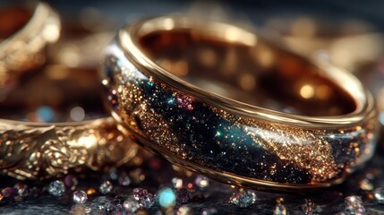 Golden rings with ornate designs, some with a dark, glittering inlay