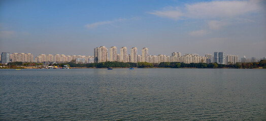 The lakeside urban skyline.