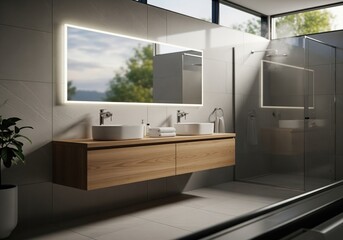 Modern bathroom interior with a double vanity and large illuminated mirror