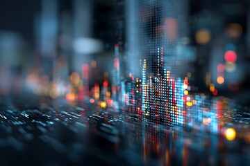 double exposure abstract business strategy overlay with neon data matrix, glowing tech lines