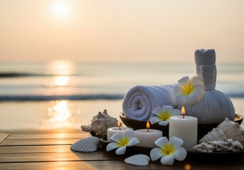 Tropical spa arrangement with candles, towels, and flowers set on wood at golden sunset over the ocean.