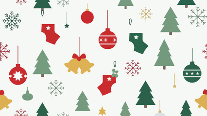 Festive Christmas Pattern with Ornaments, Bells, Snowflakes, and Trees