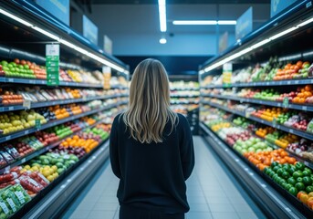 Woman from behind standing in a supermarket aisle choosing fresh fruits and vegetables