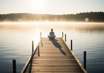 Woman meditating in a yoga pose on a wooden dock over a calm misty lake at sunrise