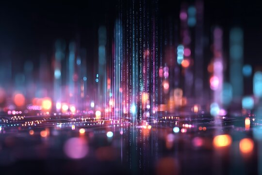 double exposure abstract business strategy overlay with neon data matrix, glowing tech lines - Powered by Adobe