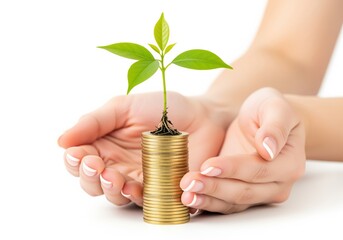 Woman hands protecting stack of gold coins with green seedling symbolizing financial growth and savings
