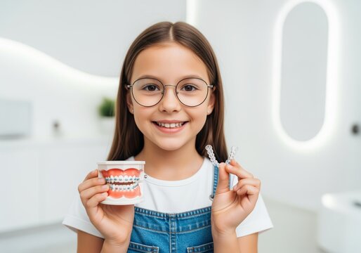 Smiling girl with glasses holding a dental model with braces and a clear aligner