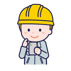 スマートフォンを使う「工事作業員」の男性