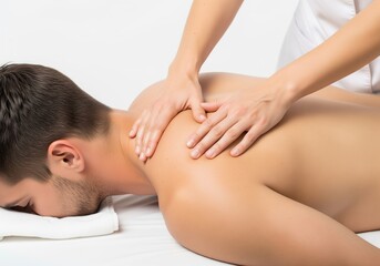 Obraz premium Professional massage therapist hands massaging the back and shoulders of a young man receiving spa treatment.