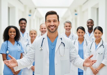 Confident male doctor leading a diverse team of medical professionals standing in a modern clinic hallway.