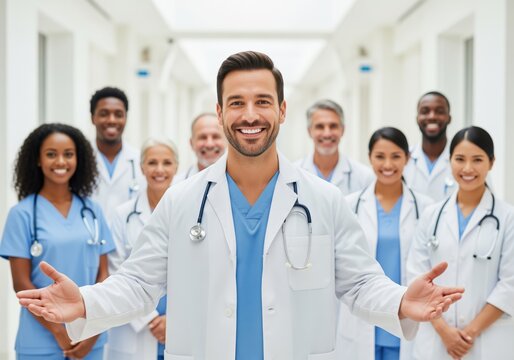 Confident male doctor leading a diverse team of medical professionals standing in a modern clinic hallway. - Powered by Adobe