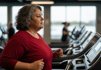 Determined middle aged woman exercising on a treadmill at a bright modern health club.