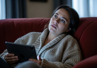 Thoughtful woman wearing a cozy knit sweater resting on a sofa while using a portable digital device.
