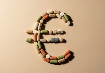 Conceptual representation of healthcare costs with the euro symbol made entirely of medicine tablets.
