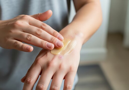 Detailed close up of hands applying moisturizing yellow balm to dry irritated skin
