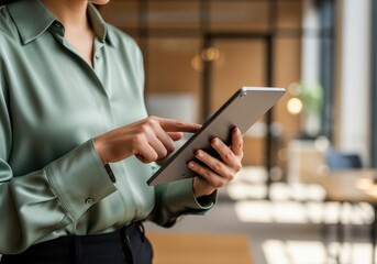 Businesswoman hands tapping a digital tablet screen while standing in a modern corporate office.