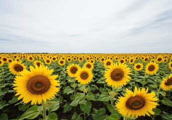 Wide angle view of a massive sunflower field with bright yellow flowers stretching to the horizon.