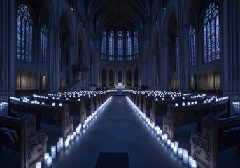 Dark gothic cathedral interior illuminated by hundreds of glowing white candles lining the aisles and pews