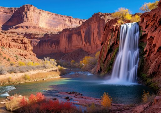 Spectacular waterfall plunging into a clear turquoise river pool within a vast red rock canyon landscape. - Powered by Adobe
