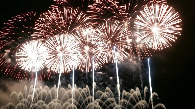 Spectacular fireworks illuminate the night sky with bursts of dazzling light and color.