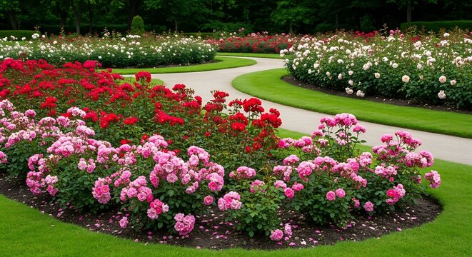 Vibrant Rose Garden with Colorful Blooms and Winding Path. - Powered by Adobe