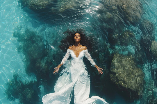 A woman in a flowing white dress floats serenely in clear blue water, surrounded by rocks, creating an ethereal and tranquil atmosphere. - Powered by Adobe