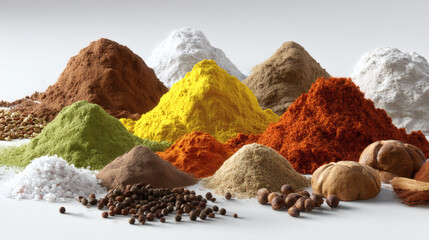 Vibrant piles of colorful spices and herbs create a visually appealing culinary landscape.
