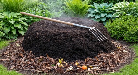 A garden fork resting on a large compost pile ready for fertilization and organic growth in the new season