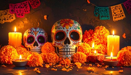 Decorated sugar skulls with candles, flowers, and papel picado