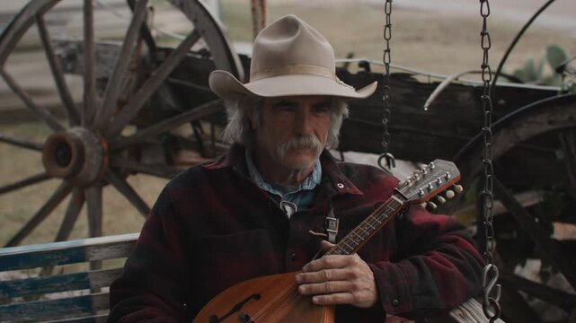 Man Wearing Cowboy Hat and Flannel Shirt Holding Mandolin String Instrument and Sitting on Porch Swing Outside of Old Rustic Saloon