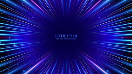 Abstract blue futuristic background with colorful neon radial lines