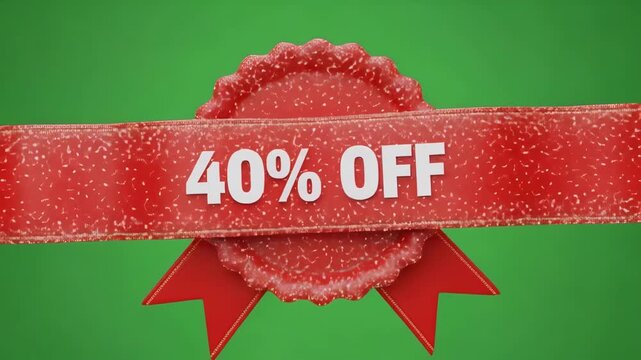 Festive 40% off sale badge with red ribbon on a vibrant green background
