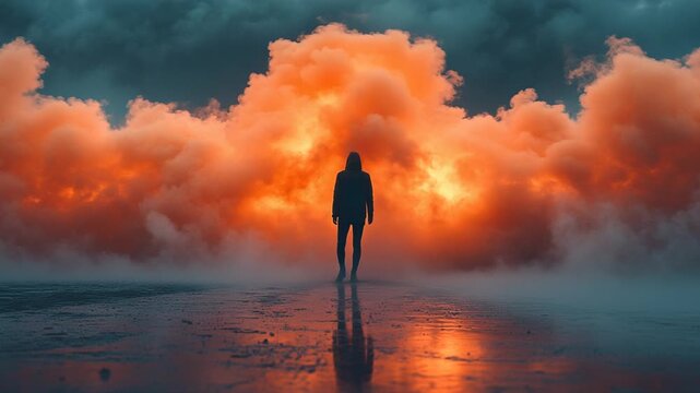Silhouette of a person standing against a backdrop of vibrant orange smoke at dusk