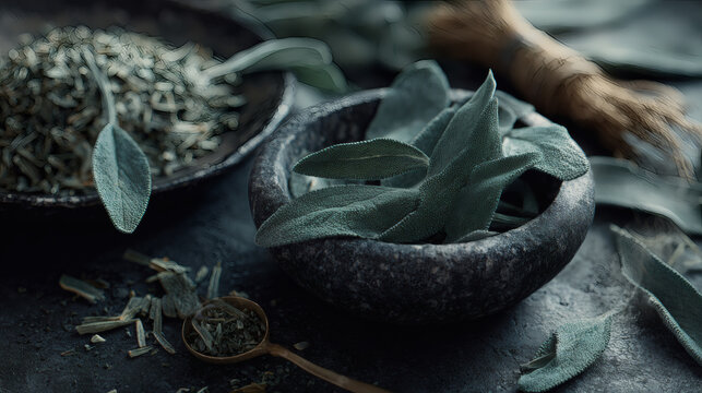 Fresh sage leaves and dried herbs artfully arranged for culinary use or natural remedy. - Powered by Adobe