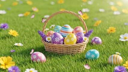 Colorful Easter egg basket on green grass with flowers in spring