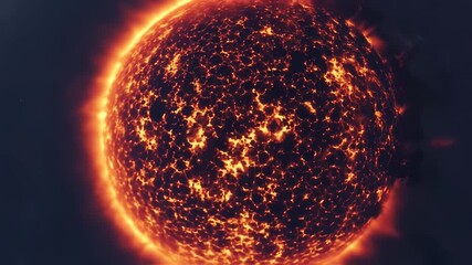 A close-up view of a fiery celestial sphere with a textured, molten surface. Glowing edges - Powered by Adobe