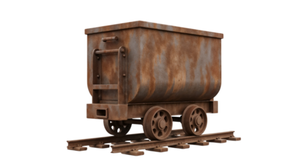 Rusty mining cart on old tracks in industrial style  