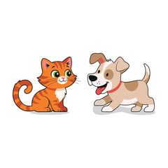 Cute cartoon cat and dog looking at each other, isolated on